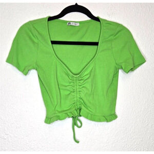 Zara Womens Cropped Top Large Lime Green Ruched Ribbed Knit Ruffle Hem Shirt Tee